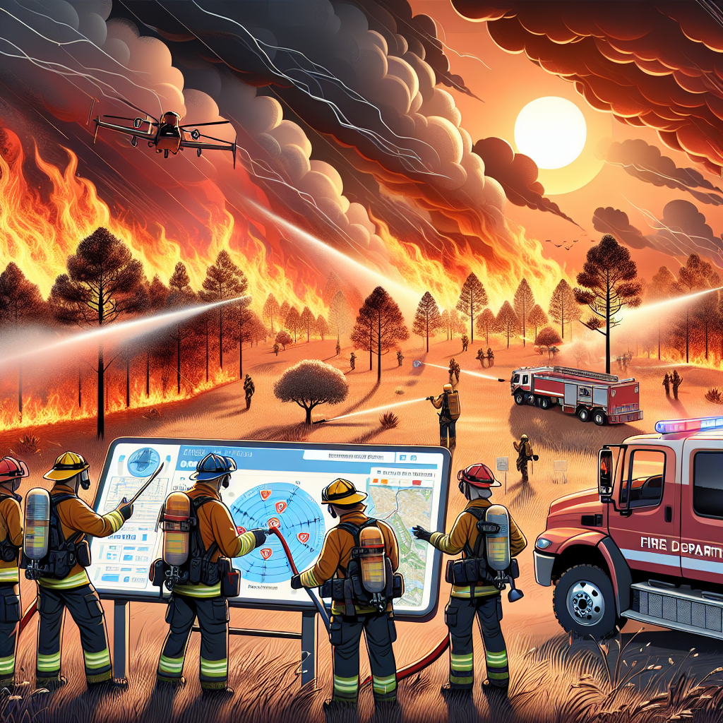 Illustrate a detailed scene of firefighters battling a raging wildfire under a scorching sun. The sky is filled with a blend of ominous orange and red hues, reflecting the intense heat of the situation. Firefighters, a mix of Hispanic male and South Asian female, equipped with necessary gear, are actively spraying water to control the inflamed trees. Some personnel are shown consulting a strategic plan on a digital map device, indicating potential safe zones and windy trajectories affecting the fire spread. In the foreground, show an emergency vehicle with 'Fire Department' clearly indicated.