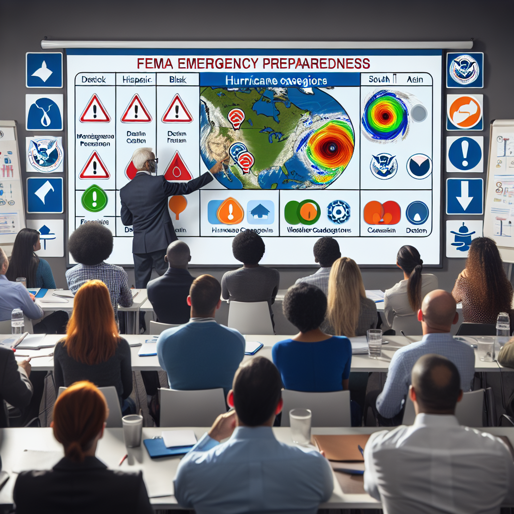 Add a dash of creativity to depict the scenario: A diverse group, having a mix of genders and descents such as Hispanic, Black, Middle-Eastern, South Asian, and Caucasian, is attending a FEMA Emergency Preparedness session. A professional instructor is utilizing interactive charts to explain hurricane categories and their implications. There are alert icons on the whiteboard, intermixed with the sound of a weather radio alert going off. The room has an air of alertness and seriousness yet the atmosphere is reassuring and hopeful. The class activities represent a strong commitment to safety drill exercises and emergency planning for the hurricane season.