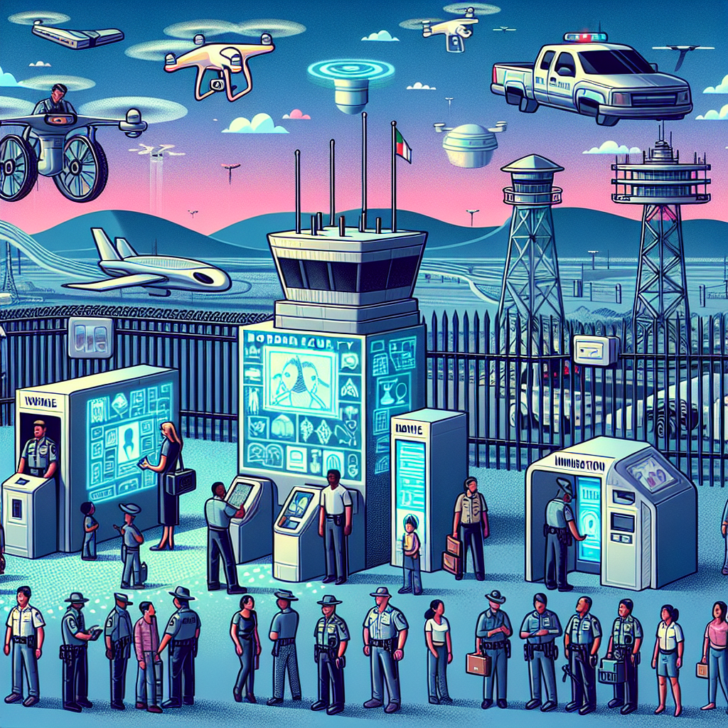Visualize a scene showing modern technology used for border security. Make sure to include state-of-the-art biometrics like facial recognition systems and fingerprint scanners, advanced surveillance systems like drones hovering in the sky and thermal imaging cameras on tall watchtowers, electronic gates, and patrolling vehicles. It should also show officers, both male and female of different descents such as Caucasian, Hispanic, Black, Middle-Eastern, South Asian, interacting with technology. Now juxtapose this with another scene of a user-friendly kiosk depicting new immigration policy changes with easy-to-follow instructions in various languages, it is being used by a diverse group of individuals. The overall image should carry an atmosphere of innovation, safety, inclusivity, and convenience.