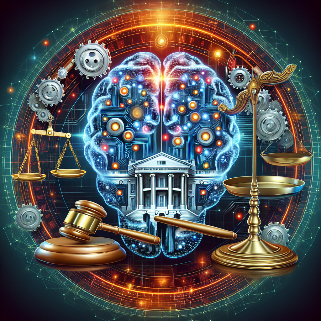 A conceptual illustration representing Artificial Intelligence regulation. At the center of the composition, we see symbolic representation of AI, maybe a metallic brain with glowing circuits. Around this central element, show legal symbols such as a gavel or scales of justice to represent the regulation. At the top, depict a stylized representation of a white house to symbolize the policy implementation in regards to AI but avoid direct painting of White House to not mistake it with a specific political figure's residence. The whole image should be vivid and in color.