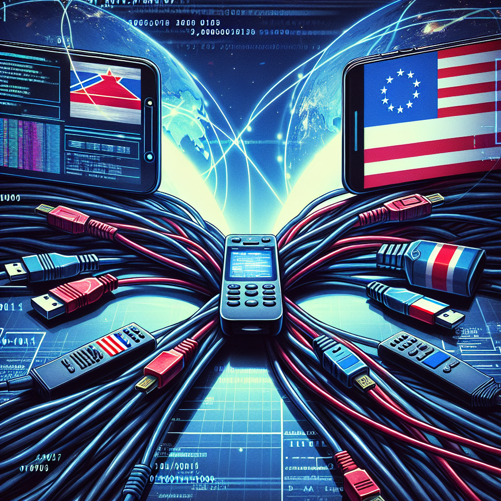 An image illustrating tech tensions between two nations, represented by two cords intertwined with one another and marked by national flags of a western country and an eastern country. Each cord's other end is connected to a device - one a smartphone with an app interface that suggests a short-form video platform, and the other a traditional remote with buttons suggesting long-established media. The background has digital signals and codes flowing between the two indicating a struggle and tension. The atmosphere is tense, painted with shades of cool and warm tones.