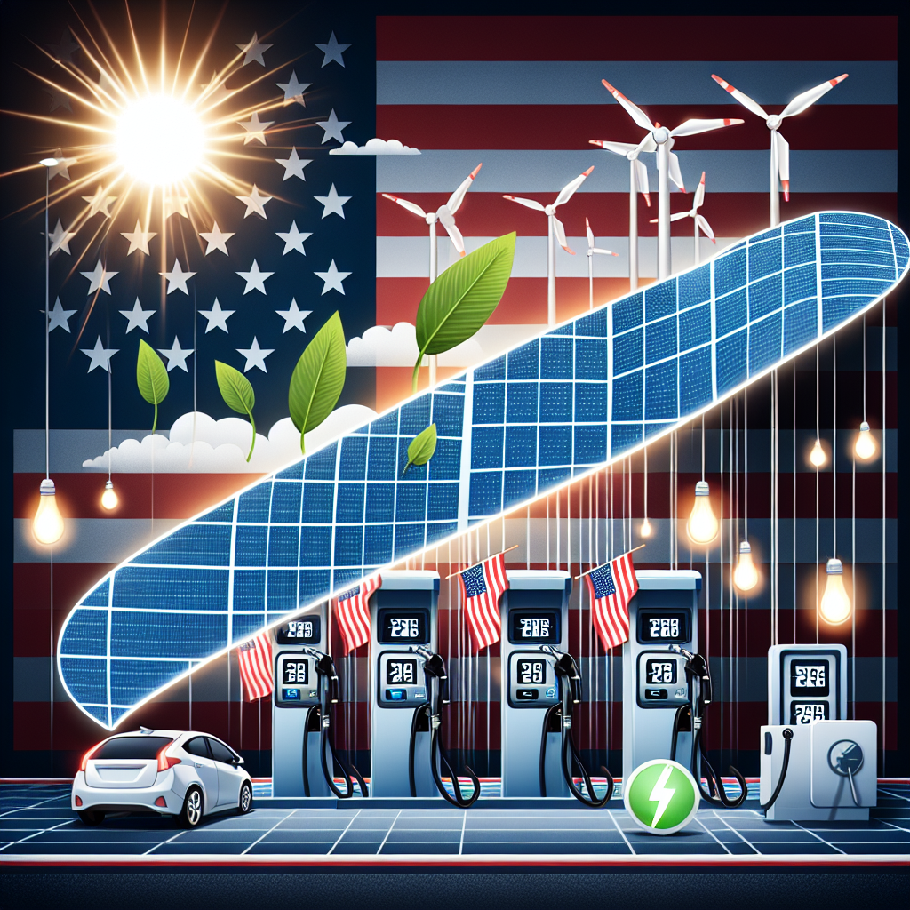 A visualization of gas prices falling dramatically, represented by rows of gas pumps with the price displays decreasing rapidly. The background features an American flag. On the right side, there are elements symbolizing a sustainable energy policy change: a bright sun casting rays onto solar panels, a clean electric vehicle charging at a station, and a wind turbine turning in a gentle breeze. The transition from traditional to green energy is symbolized by a clear demarcation in the middle of the image, separating the old from the new.