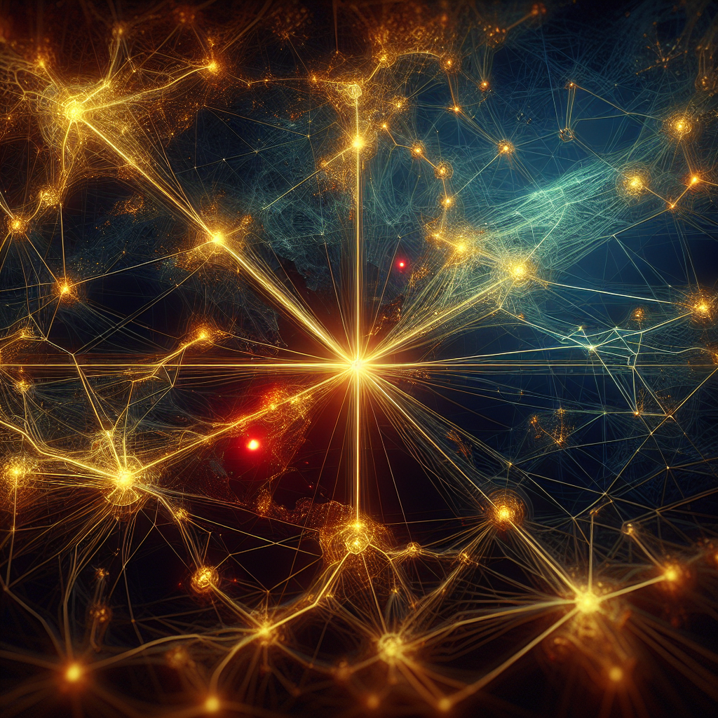 Imagine an intricate network of interconnecting lines, symbolizing a nation's power grid in golden hues against a deep blue background. The golden nodes are glowing brightly, indicating cities connected by the grid. Suddenly, a prominent node in the center starts to flicker, its light dimming and brightening intermittently, while red flashes hint at a potential crisis. Adjacent lines and nodes progressively darken, suggesting the spread of a blackout. The words 'Critical Nationwide Blackout Alert' appear at the bottom, amplifying the sense of impending danger.