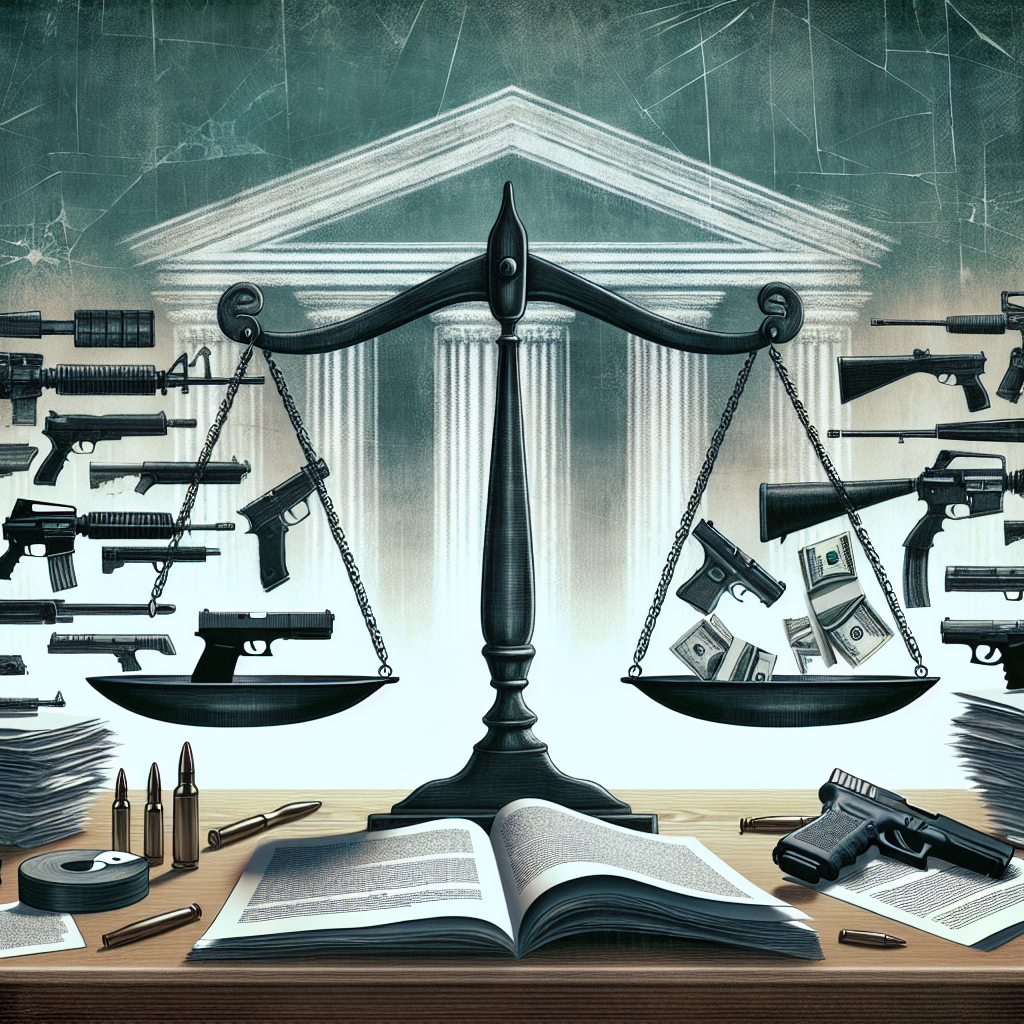 Depict a visual concept of gun control legislation. Show an array of various firearms on one side of a large table, with each firearm tagged with its respective information card. On the other side of the table, depict a balance scale: one side holding a stack of legal documents representative of legislation, and the other side holding an abstract symbol for violence, like a broken house or a shattered glass icon. Background could be a classic courthouse architecture. Ensure the imagery is respectful and communicates the serious nature of the subject.