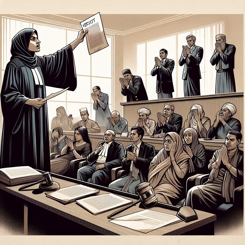 An image depicting a tense and awe-filled courtroom scene. At the center, a desk with legal documents scattered across it, a gavel to the side. A middle-aged, South Asian female judge in a black robe is giving a momentous verdict. She reveals it by holding up a piece of parchment with the word 'Verdict' in bold letters. Around the room, several people of various descents and genders presenting a mix of emotions - relief, fear, anticipation, worry - react to the revelation. Use neutral tones and sharp lines to underline the seriousness of the situation.