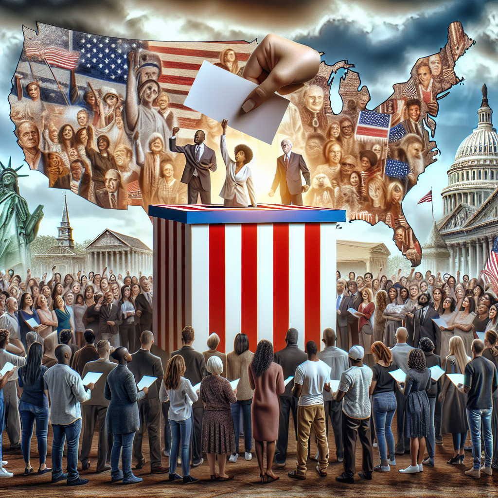 Create an image that showcases the essence of changes in the US voting laws. Please display a vast mix of US citizens of diverse races and genders such as Caucasian, Hispanic, Black, Middle-Eastern, and South Asian men and women. They are congregating around a massive, towering ballot box under an open sky. In their hands, they hold ballots. Behind them, a backdrop of various landmarks from across the United States, implying they are from different states. Embody a hopeful and democratic atmosphere.