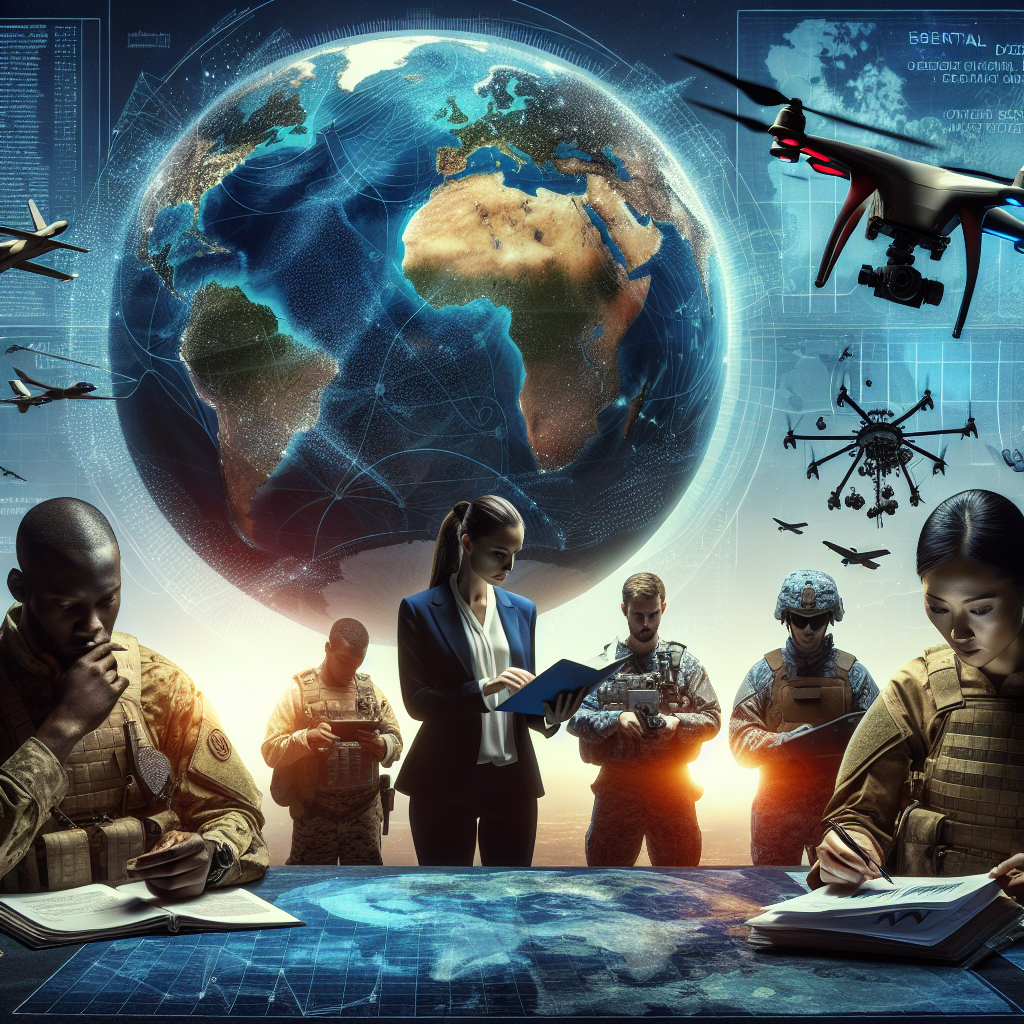 A detailed image representing the concept of global security. Key points include a globe seen from outer space with highlighted countries to signify international cooperation, in the foreground a group of diverse military personnel - a Black female officer studying documents on a table. A Caucasian male soldier operating a drone controller, an Asian female soldier holding satellite imagery. A symbolic oversized chess board can be under these elements, showing them strategically planning. In the sky, a sign saying 'Essential Decisions' implying the focus on critical military aid determinations.