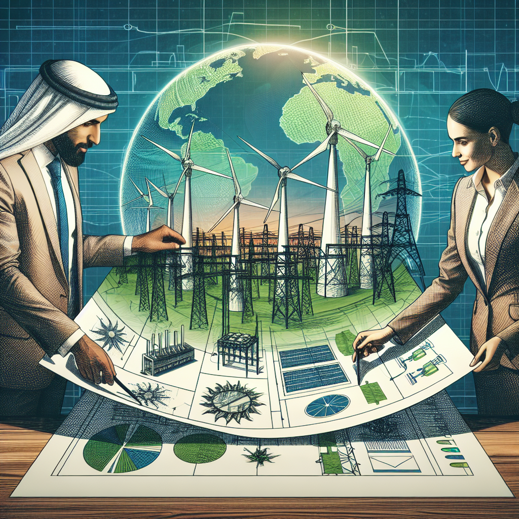 Visualize a large, detailed concept of clean energy investments. Picture two adults of different descents - a Middle-Eastern male and a South Asian female - both in professional attire like business suits. They are examining a large blueprint on a table. The blueprint showcases innovative designs for clean energy structures like windmills, solar panels, and hydroelectric dams. The windmill blades are turning gently, capturing the essence of motion. In the background, include a globe with green landing zones, symbolizing parts of the world where clean energy projects are being implemented. Remember, the overall tone of the image should convey a sense of positivity, progress, and investment in clean environmentally friendly solutions.