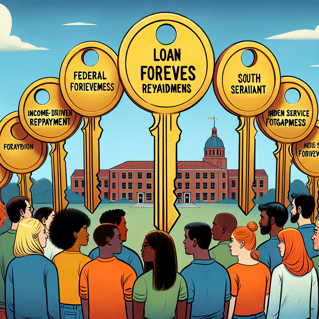 Illustration of a diverse group of young adults, each representing a different descent such as Hispanic, Black, Caucasian, South Asian, and Middle-Eastern. They are standing in a row, each looking hopeful and optimistic. In a semi-circle around them are several large, golden keys, symbolizing loan forgiveness programs. On each key is written a word such as 'Federal forgiveness', 'Income-driven repayment', 'Public service forgiveness'. In the background, an old brick university building and a clear blue sky. The image exudes a sense of relief and opportunity.