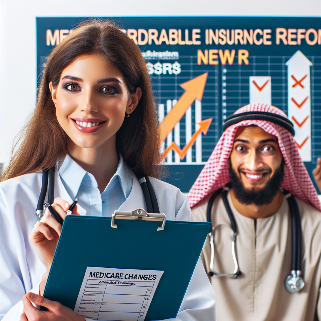 Visualize a conceptual image representing Medicare changes and affordable insurance reforms. The scene could include a Caucasian female doctor holding a clipboard, which details new healthcare policies, and a Middle-Eastern male patient looking relieved and happy. Behind them, there could be a chart indicating lower healthcare costs. The ambiance of the scene should be of a regular health clinic. Make sure no specific logos or identifiable properties of insurance companies are included.