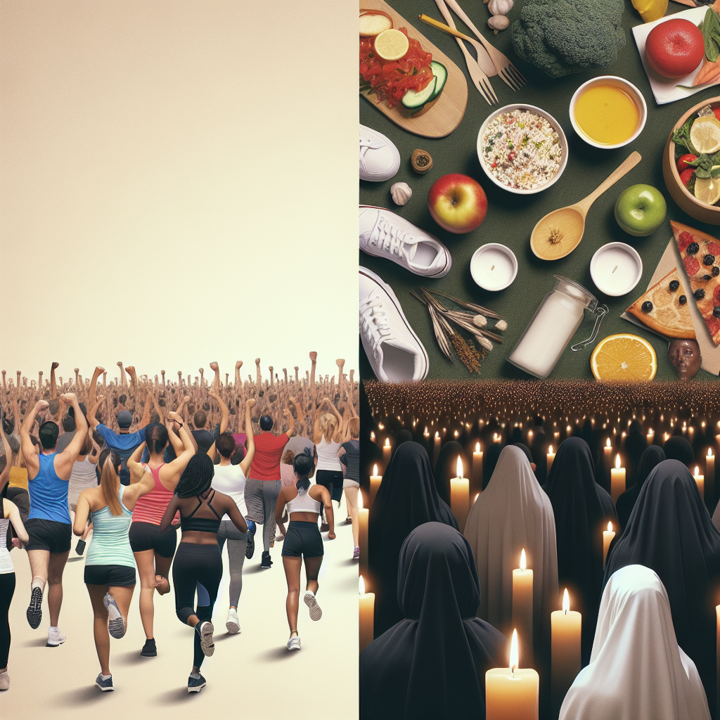 On the top half of the image, a collage of various anonymous people from different descents such as Caucasian, Hispanic, and South Asian celebrating milestones, such as running a marathon, cooking healthy food, meditating, and doing yoga. The bottom half is a tastefully somber image of a candle vigil, with people of different descents including Middle-Eastern, Black, and White, gathered around, signifying a loss. The image should have a clear division representing the dichotomy of vitality and loss.