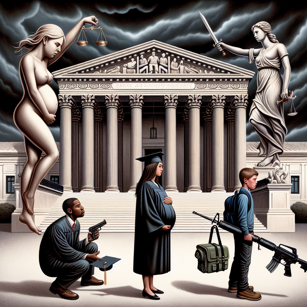 A dignified building, resembling the architecture of the US Supreme Court but with no identifying features, stands centrally. It is flanked by symbolic representations: a pregnant woman of South Asian descent on the left, a pair of scales balancing a gun and a graduation cap in the center, and a young male student of Caucasian descent burdened by a heavy backpack on the right. In the background, a stormy sky represents turbulent times.