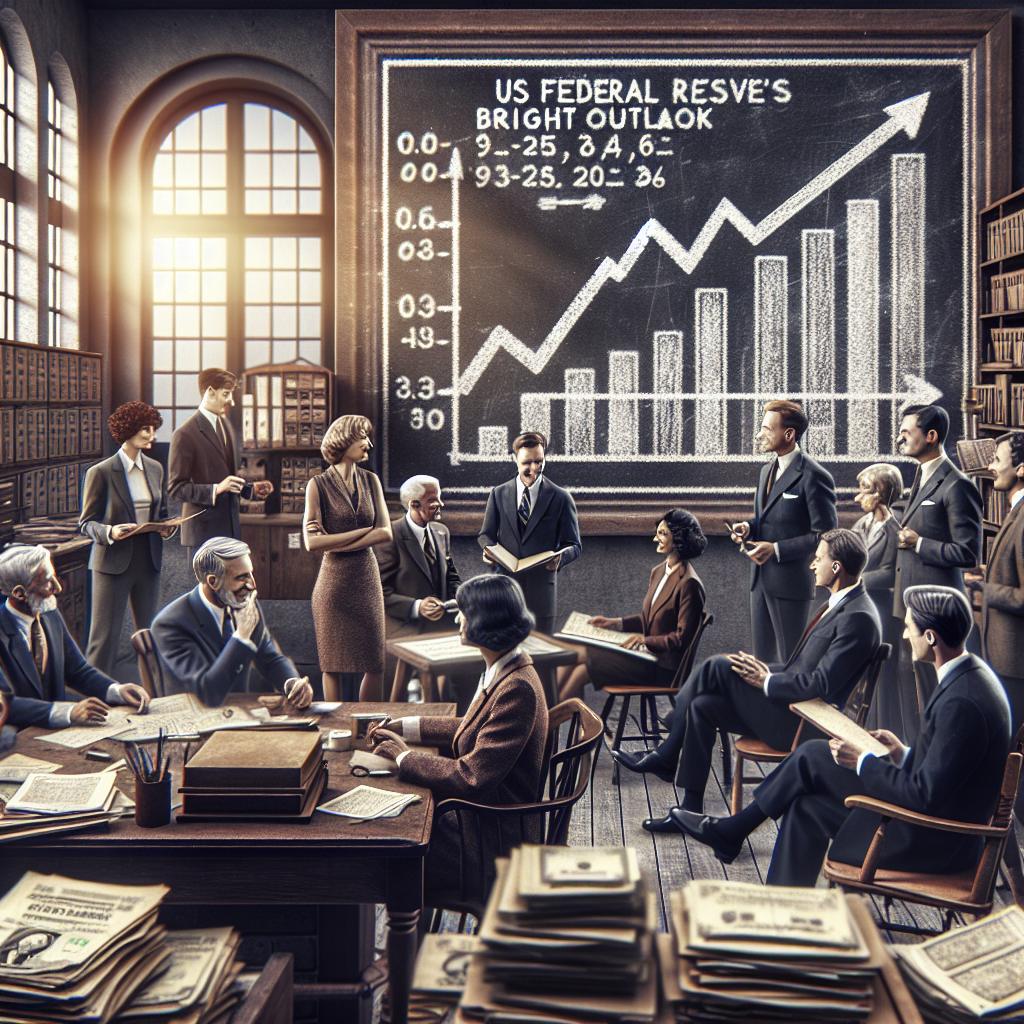 A scene inside a vintage-style office filled with economists of diverse races and genders. They are involved in intense discussions, with paperwork and archival documents scattered around. The atmosphere is hopeful, indicated by their positive body language and slightly relaxed expressions. In the foreground is a chalkboard illustrating rising graphs and statistics related to US Federal Reserve's Interest Rates. The chalkboard also displays words like 'Optimistic Outlook' and 'Bright Future' to emphasize the sense of hope and positivity.