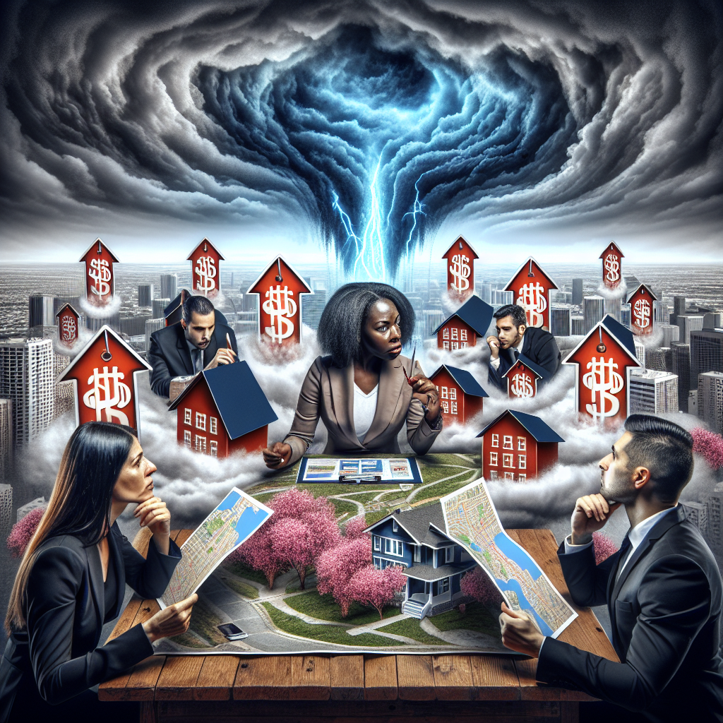 A dynamic scene highlighting the US housing market crisis. Picture this: an overcrowded housing market represented by a real estate agent—an African American woman—in the middle, surrounded by homes with price tags soaring upwards, symbolizing rising mortgage rates. In the fore, you see prospective homebuyers—a Hispanic man and a Middle-Eastern woman—looking at each map, which symbolizes different strategies that they're considering. In the background, an ominous storm cloud hovers, reinforcing the 'crisis' theme. Add elements of confusion and urgency to convey the pressure associated with the decision-making process.