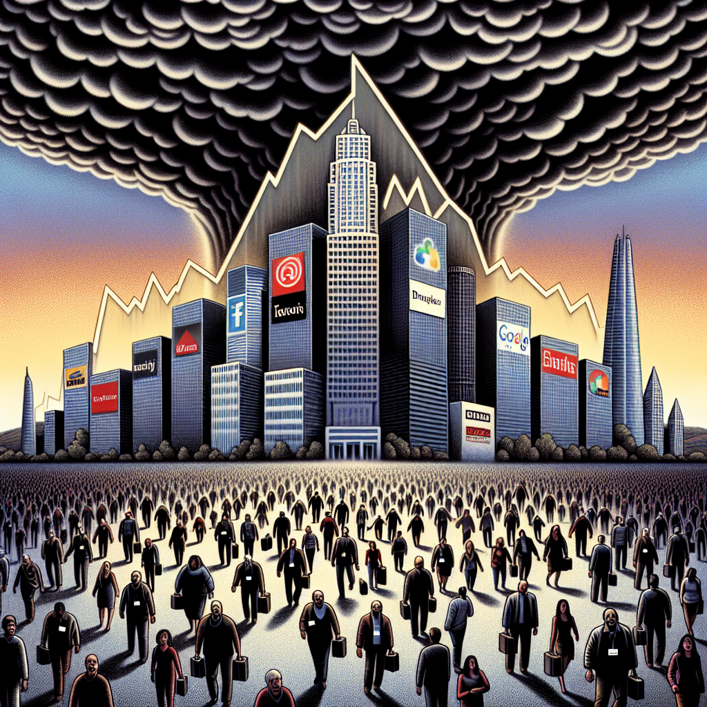 A symbolic image representing a downturn in the technology sector, visualized as a storm brewing over a landscape filled with skyscrapers bearing logos of generic technology companies. Surrounding the buildings, crowds of diverse workers are shown leaving. The people depicted contain a balanced mix of genders and descents, and their faces show a range of emotions. The background sky incorporates dark, ominous clouds taking the shape of a graph showing a downward trend. In the forefront, a newspaper headline reads: 'Tech Titans' Troubles: Impact of Mass Layoffs'.