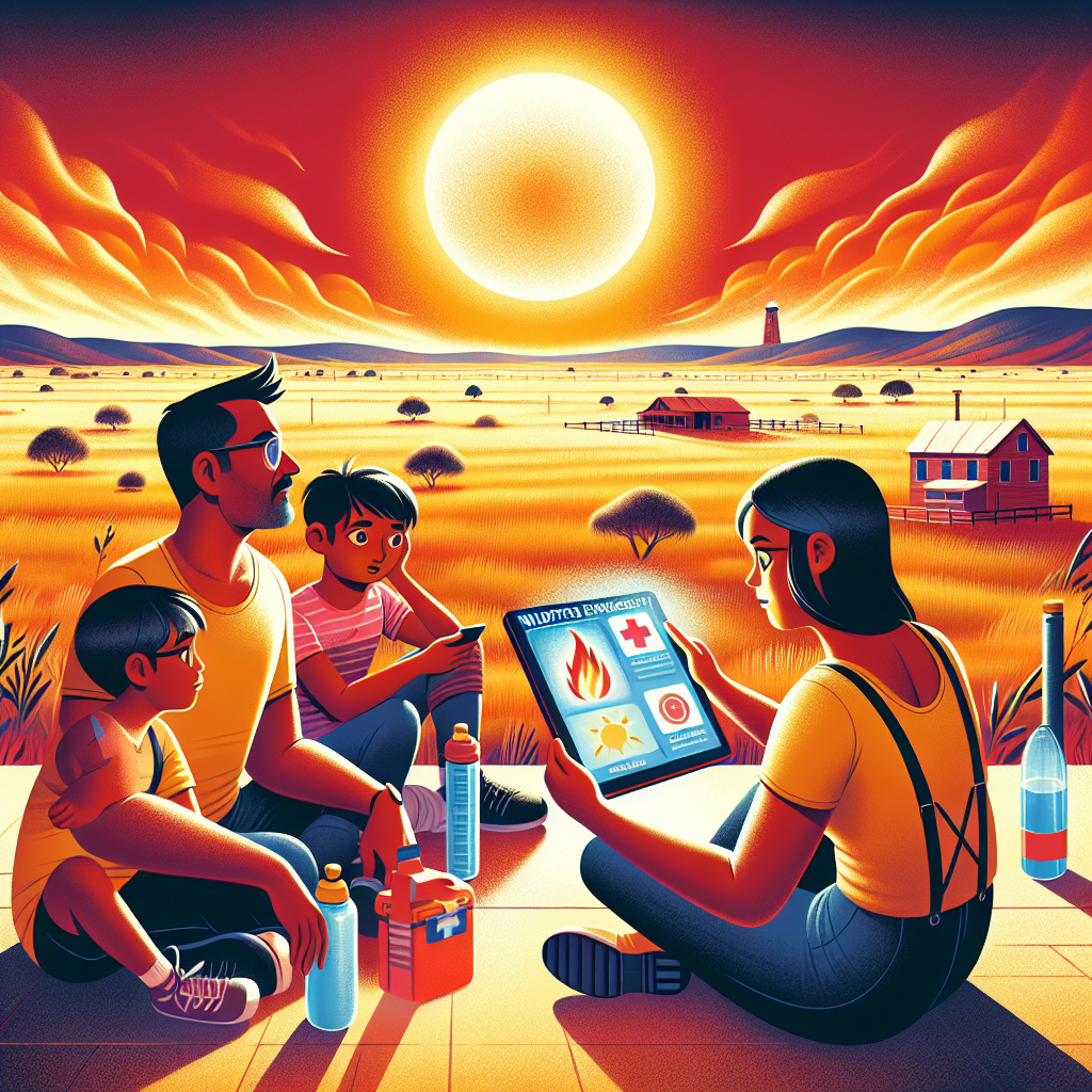 Illustrate an intense heatwave over a vast dry grassland with a sun appearing almost molten in the vivid sky overhead. In the foreground, incorporate a mixed-race family, consisting of a South Asian woman, a Caucasian man, and two children of mixed descent, attentively observing a bright, digital screen that displays crucial wildfire emergency tips. In their hands, include items such as water bottles for hydration, a first aid kit, and a radio for communication. Highlight the seriousness and urgency of the situation, but also emphasise preparedness and resilience.