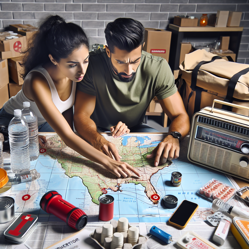 Picture an emergency preparedness scene in preparation for hurricane season. Visualize a Hispanic woman and a Middle-Eastern man studying a geographic map spread out on a table, pinpointing at-risk regions. Pile of emergency supplies like bottled water, canned food, flashlights, batteries, and first aid kit are neatly arranged nearby. The background features a packed evacuation bag with essential items and a broadcast on a vintage radio, informing about the forthcoming hurricane. Emphasize urgency but also calm preparedness in their body language.