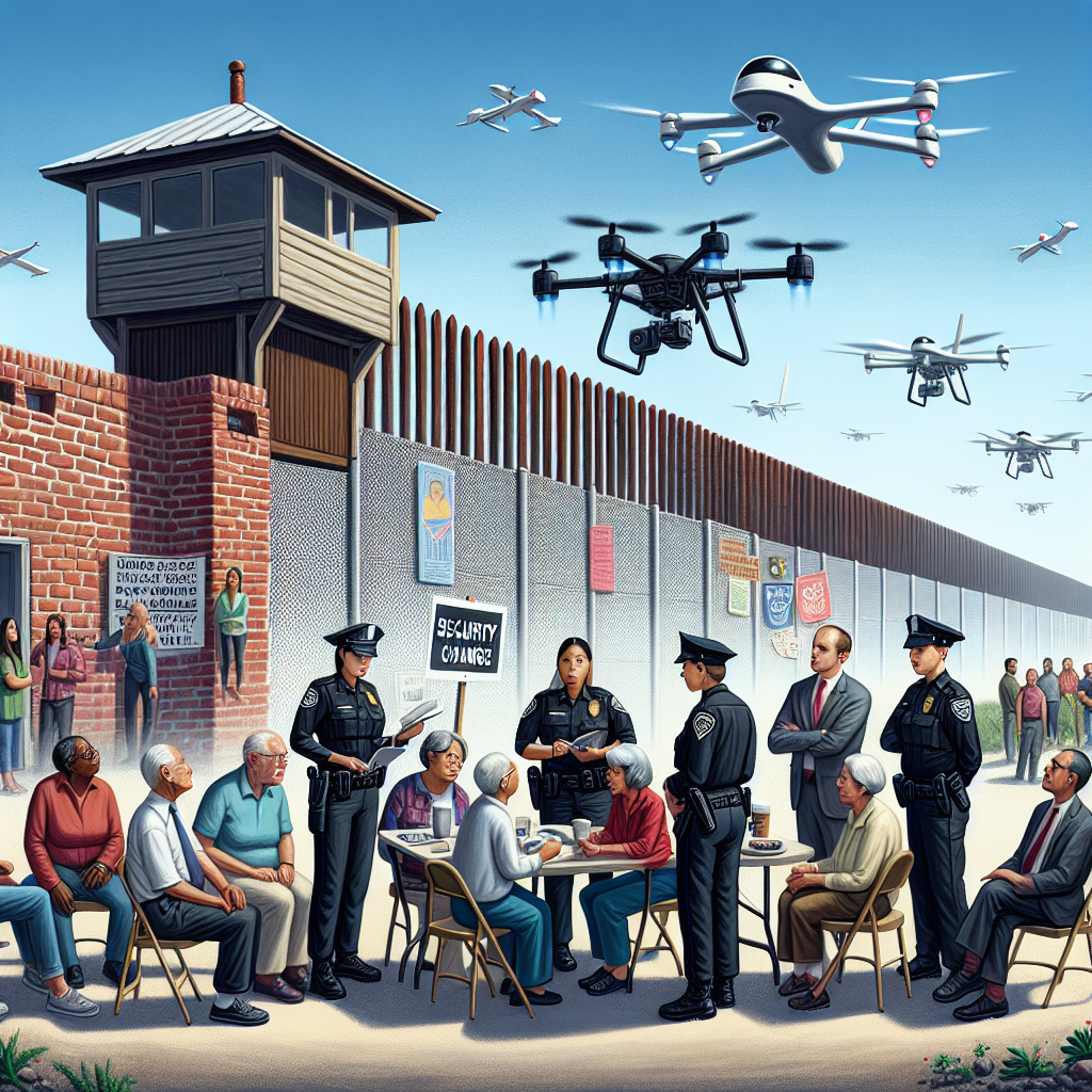 An old brick and mortar border wall with a modern security checkpoint. The checkpoint is manned by a team of policewomen and men from diverse racial backgrounds vigilantly performing their duties. In the sky, cutting-edge drones equipped for surveillance fly overhead. The foreground shows a grassroots discussion taking place among a group of knowledgeable individuals, who are brainstorming policy changes. They include an elderly Asian man, a youthful Black woman, a middle-aged Hispanic man, and a white woman in her thirties, all exuding commitment and determination. Please exclude any specific political references or controversial figures.