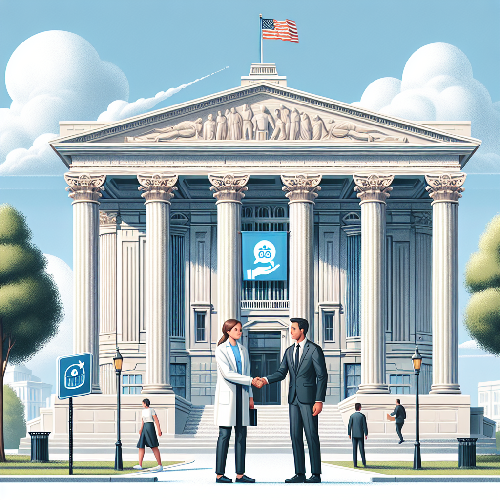 An illustration of the exterior of a classic, white architectural structure indicative of governmental buildings, with an emphasis on its majestic columns and the US flag flying high in the blue sky. Nearby, a representative from the AI community, a Caucasian male scientist, is amicably shaking hands with a Hispanic female government official. They are standing next to a sign that reads 'Best AI Regulation Policy'. Optional elements include people passing by, trees surrounding the building, and light clouds in the sky.