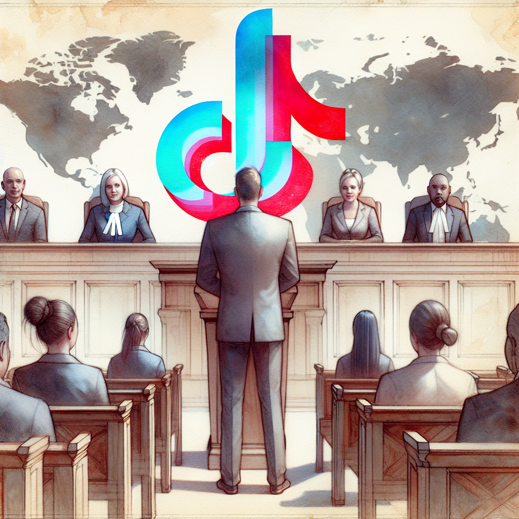An exquisitely rendered digital courtroom scene in delicate watercolor tones. A central figure representing the TikTok logo, displaying vibrant blue and red motifs, stands alert on the witness stand. To its right, a stern, Caucasian female lawyer exhibits an assertive posture; to its left, a stern, Middle-Eastern male lawyer does same. Foregrounded are aged wooden benches with various groups of people seated, embodying diverse reactions ranging from concentration to casual indifference. Our scene is aptly set against a backdrop of a translucent world map with emphasized United States and China regions.