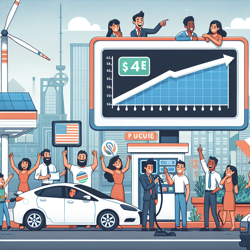 Create an image that represents the concept of energy policy changes with a focus on solutions to high gas prices. Picture a diverse cityscape where people of different descents including Hispanic, Middle-Eastern, and Caucasian, are shown. Nearby, there's a large billboard displaying a graph, demonstrating a sharp drop in gas prices. Some citizens are happily pointing towards it, while others are fueling up their cars at a gas station with visibly low prices displayed. Hint at alternative energy solutions by showing solar panels on nearby rooftops and a wind turbine in the background.