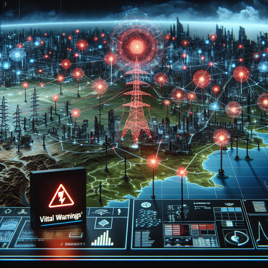 A visual representation of a nationwide power grid structure with interconnected lines and nodes spread across the terrain of a map. The map represents a country with diverse geographical features like mountains, rivers and cities. Some parts of the power grid are highlighted with red, representing the high-risk areas susceptible to failures. The scene also includes a darkening skyline suggesting an imminent blackout. In the foreground, there's a large signboard depicting an alert symbol along with the words 'Vital Warnings' in bold, underlined lettering.