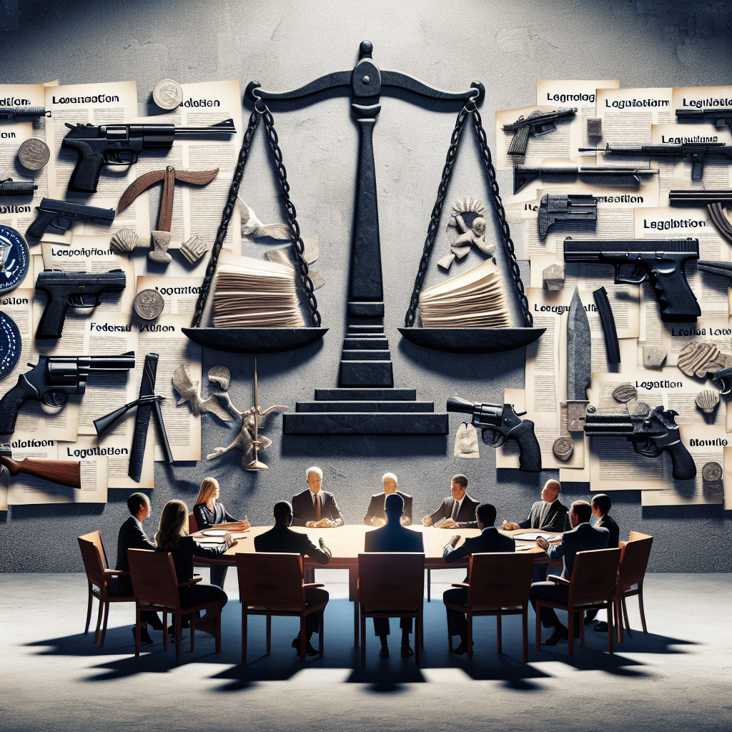 An impactful scene representing the topic of gun violence and federal gun control strategies. Showcase a mix of discernible symbolic elements such as a wall of numerous legislation papers symbolizing federal laws, a diverse group of individuals from various walks of life discussing strategies at a round table, a balance scale representing justice, and possibly a broken weapon to symbolize gun control. Make sure the atmosphere of the scene communicates urgency and seriousness but also hope.