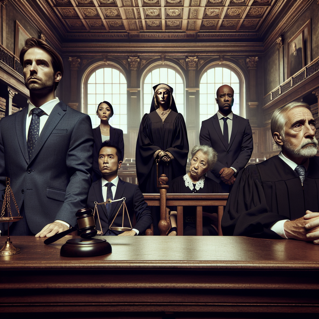 Create an image depicting a tense scene inside a grand, old-fashioned courtroom. In it, focus on the diverse participants awaiting a pivotal moment - the verdict. Include an anxious but composed middle-aged Caucasian male defendant in a navy suit, a stern, elder South-Asian female judge in a black robe, a concerned Black female prosecutor, and a determined Hispanic male defense attorney. The backdrop should illustrate high ornate ceilings, imposing wooden furniture and the iconic symbol of justice; a blindfolded lady holding a balanced scale in one hand and a sword in the other. Do not include any individual's real identity.