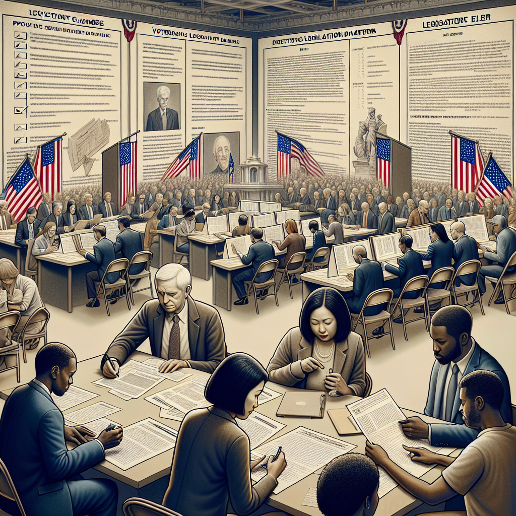 A symbolic image depicting the aftermath of a hypothetical US election. Include imagery of ballot boxes, voting booths, and important documents showing a cross-section of legislation changes being drafted and implemented. Show a diverse group of individuals reading, discussing, and reviewing these papers, including an Asian woman and a Black man, representing legislation drafters. Place a Caucasian woman and a Hispanic man in the background, symbolizing voters studying a giant screen displaying the proposed changes. Please don't include any recognizable political figures or symbols. Limit the color palette to represent seriousness and gravity of the situation.