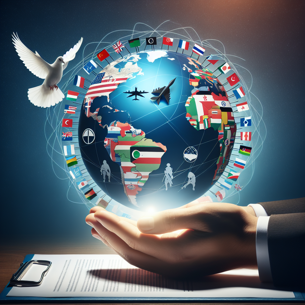 An image illustrating a globe with multiple flags representing different nations, and a pair of hands symbolizing the aid being offered. On the globe, depict various military symbols indicating areas of conflict. Also including a desk with papers, signifying strategies and decisions. To show balance and neutrality, include a white dove symbolizing peace flying over the scene. Everything is bathed in a soft light, emphasizing the concept of global security.