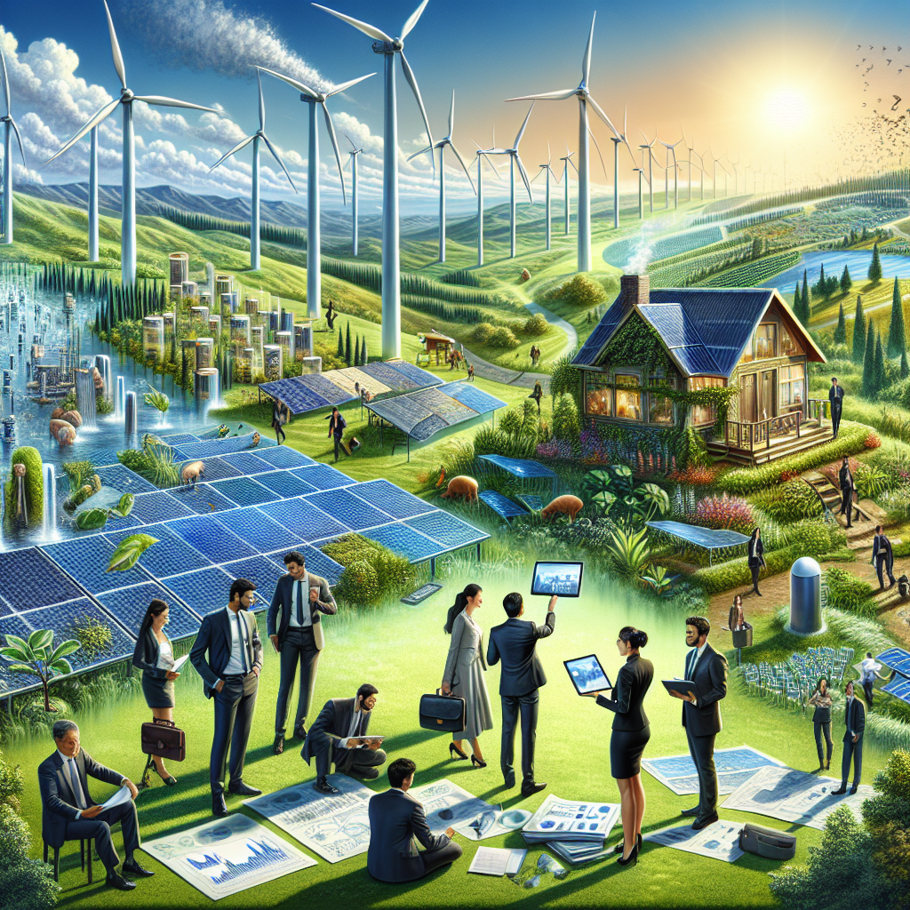 A vivid, panoramic view of a green, sustainable future: Unfolding on the canvas are solar panels glistening under a clear, blue sky and wind turbines turning slowly against a verdant landscape. Middle-Eastern investors in smart-casual attire, with blueprints and tablets in hand, are deliberating over strategies in the foreground, while a South-Asian female lawmaker passionately presents climate change legislation to a diverse, attentive crowd in the background. On a hill, a modest, self-sustainable house showcases different renewable energy technologies like solar heaters and rainwater harvesting systems. The title 'Clean Energy Investments: Best Strategies for Climate Change Legislation' crowns the grand scene.