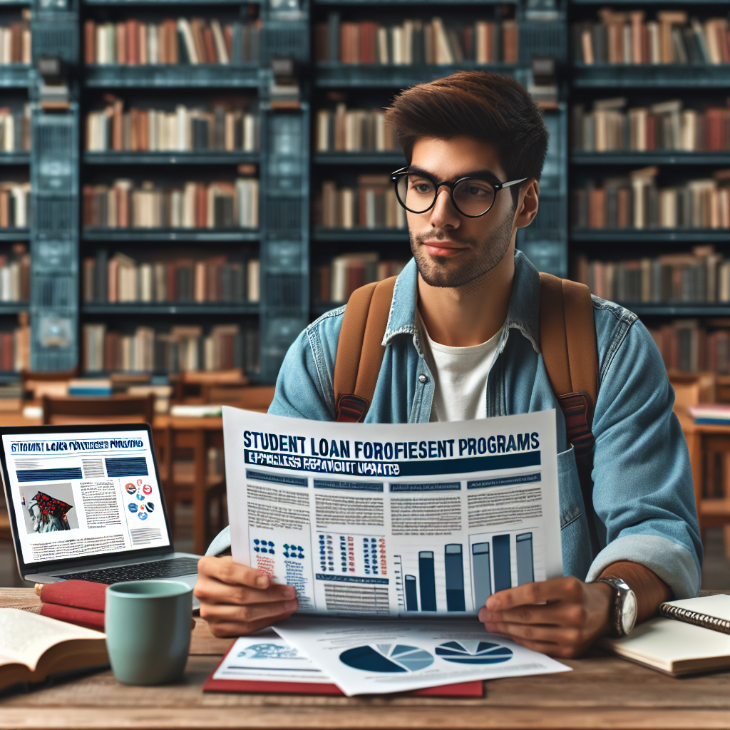 A picture showing a male Hispanic college student, wearing glasses and a backpack, sitting at a desk in a library. He is studying a large detailed document titled 'Student Loan Forgiveness Programs: Effortless Repayment Updates'. The background shows bookshelves filled with books, conveying a scholarly atmosphere. On the desktop, there is a laptop displaying a webpage about educational loans, a coffee mug, and some papers with impressive charts and graphs illustrating different student loan forgiveness programs.