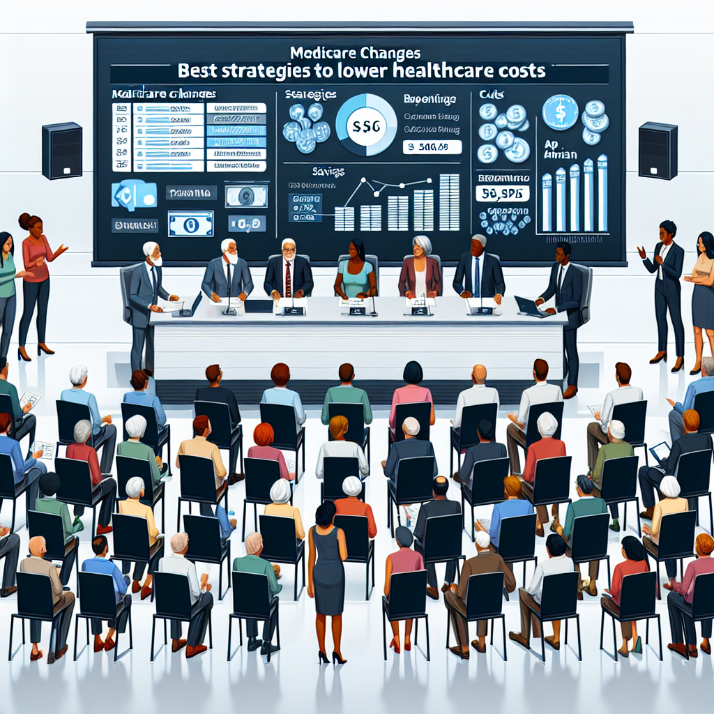 A detailed scene of a diverse group of people of different descents such as Caucasian, Black, Hispanic, Middle-Eastern, and South Asian, united in a large meeting room equipped with modern technology. There are an equal number of men and women, each showing different age demographics. They are engaged in a discussion about lowering healthcare costs, with a large screen displaying a presentation titled 'Medicare Changes: Best Strategies to Lower Healthcare Costs.' There are charts and graphs illustrating various strategies, savings, expenditure cuts, and benefits of medicare changes.
