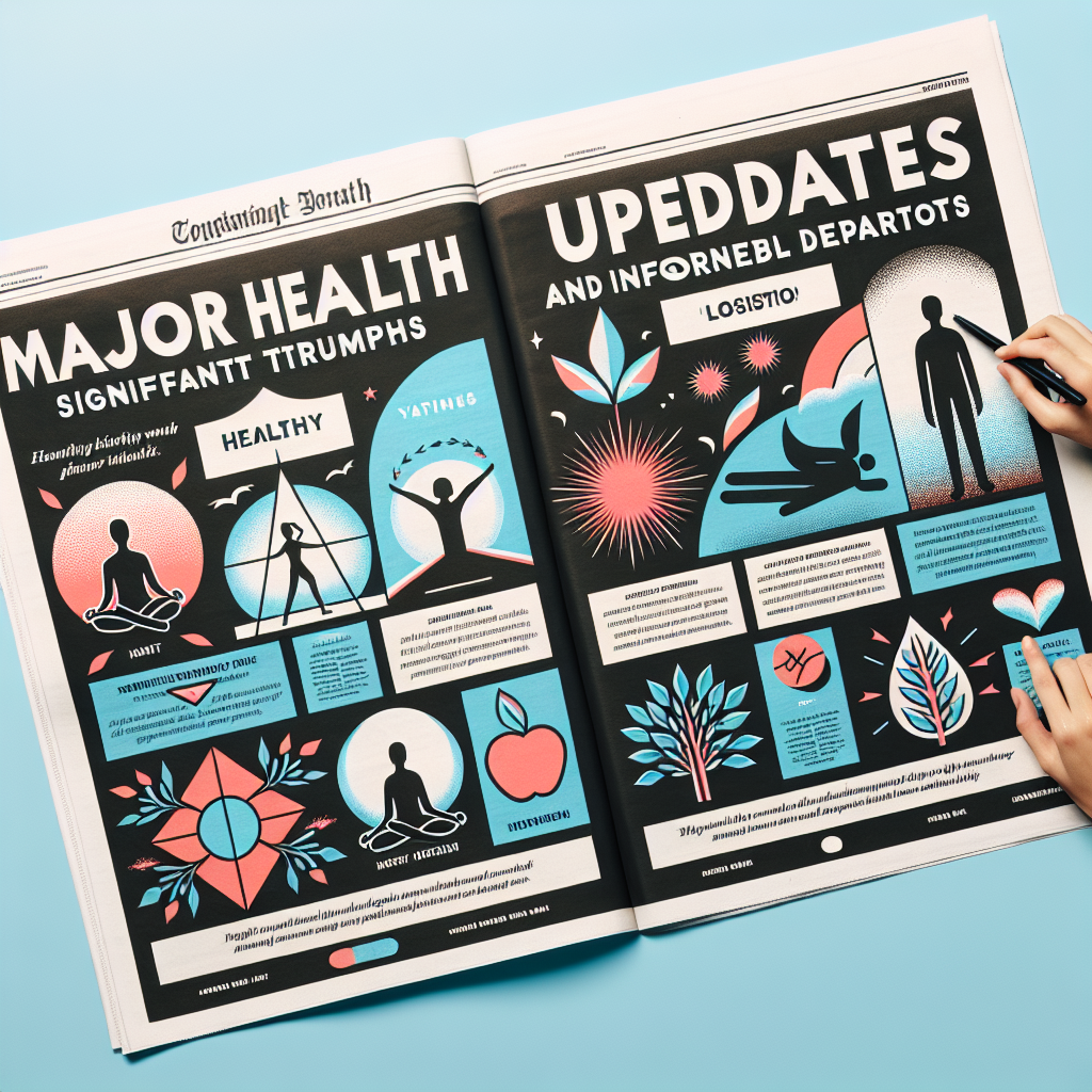 An attention-grabbing newspaper layout focused on health updates. On one side, depict the positive aspect of health milestones with graphical illustrations of a person attaining fitness goals, and incorporating healthy habits like yoga, healthy eating, or meditation into their routine. On the other side, represent the sadder aspect of loss with a symbolic representation of a fallen leaf or a sunset, but done in a respectful and tasteful manner. The heading of the newspaper should read 'Major Health Updates: Significant Triumphs and Unfortunate Departures'.