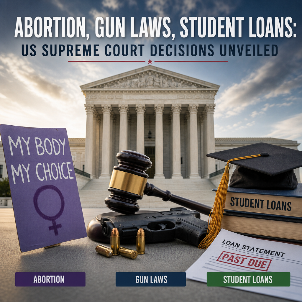 Illustration of Abortion, Gun Laws, Student Loans: US Supreme Court Decisions Unveiled