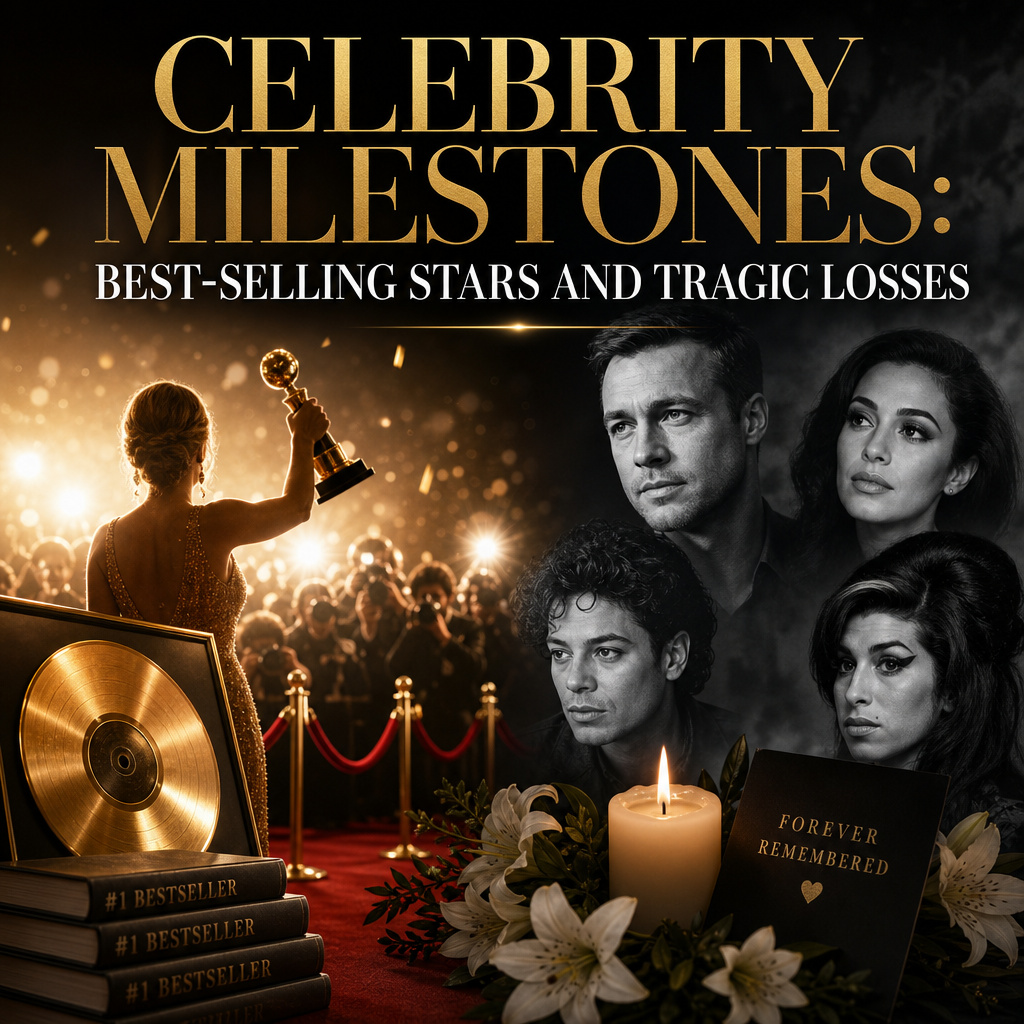 Illustration of Celebrity Milestones: Best-Selling Stars and Tragic Losses