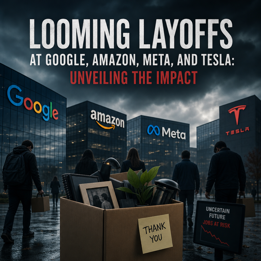 Illustration of Looming layoffs at Google, Amazon, Meta, and Tesla: Unveiling the Impact