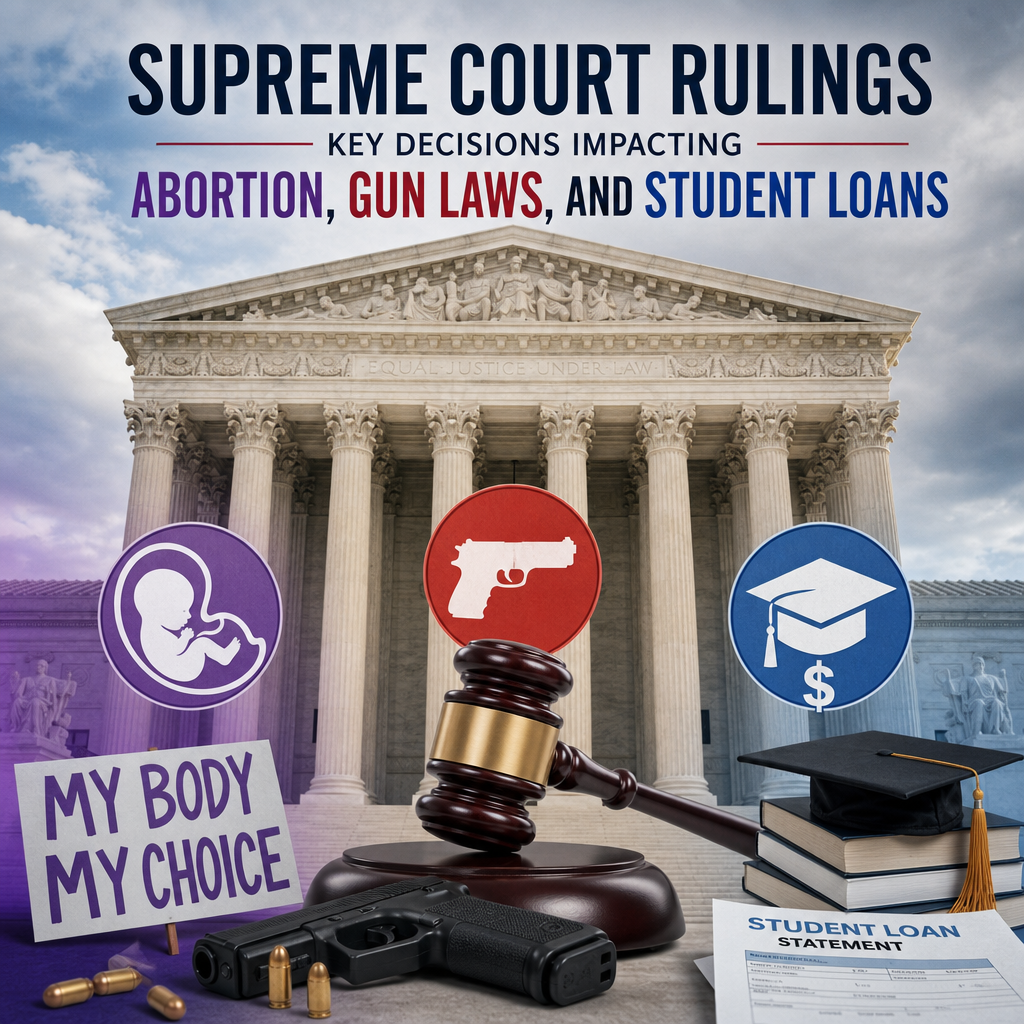 Illustration of Supreme Court Rulings: Key Decisions Impacting Abortion, Gun Laws, and Student Loans