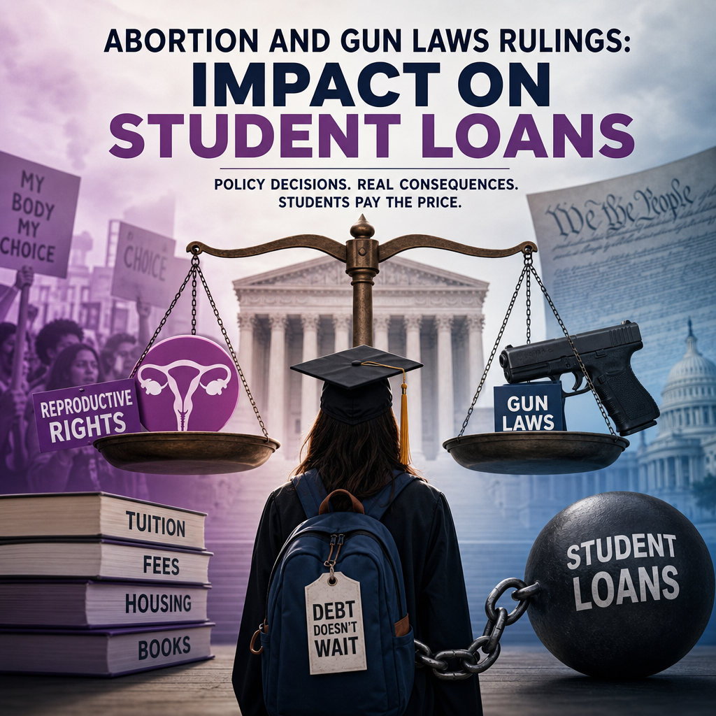 Illustration of Abortion and Gun Laws Rulings: Impact on Student Loans