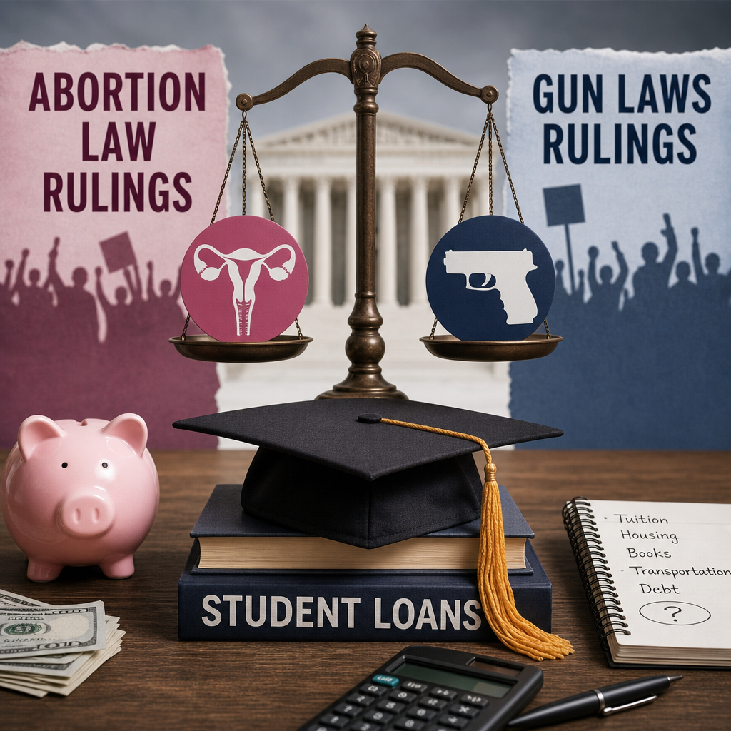 Illustration of Abortion and Gun Laws Rulings: Impact on Student Loans