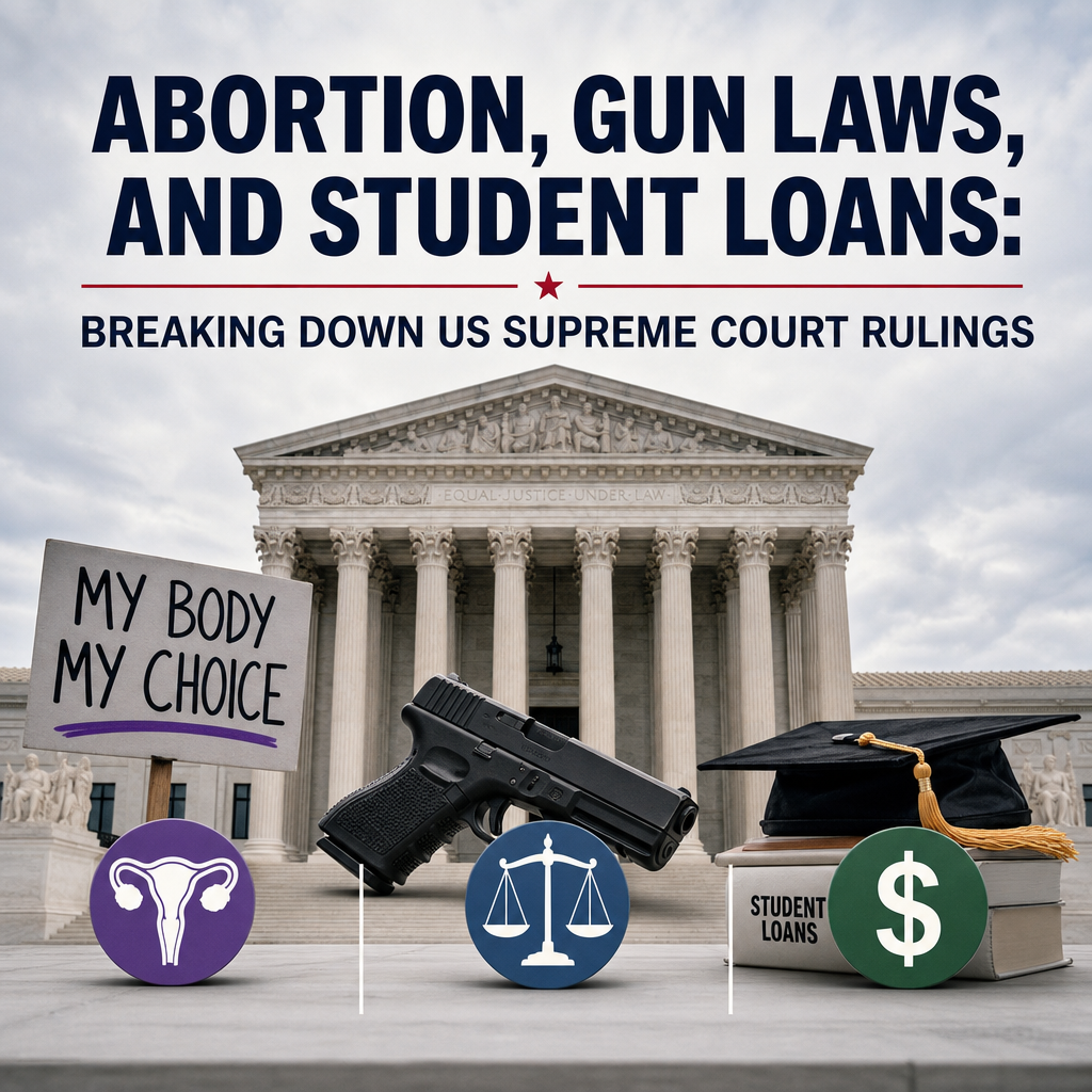 Illustration of Abortion, Gun Laws, and Student Loans: Breaking Down US Supreme Court Rulings