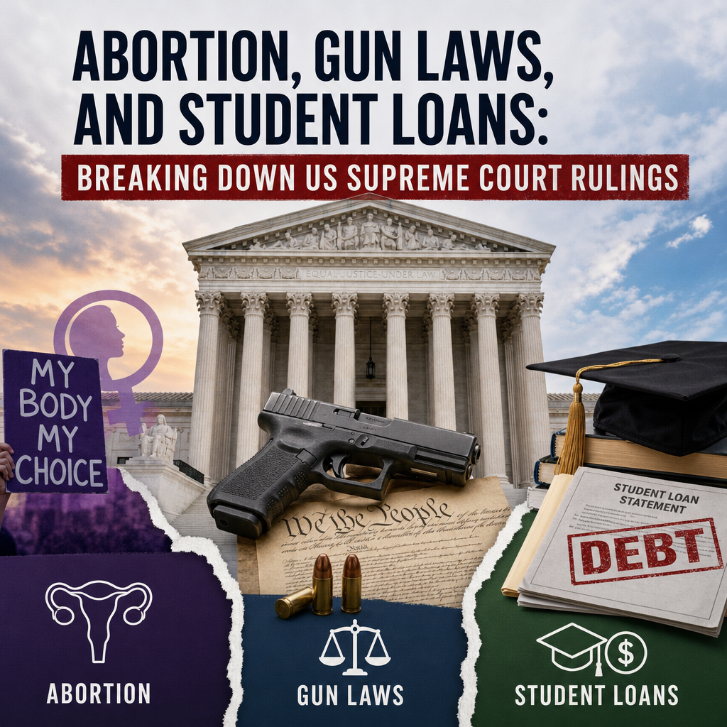 Illustration of Abortion, Gun Laws, and Student Loans: Breaking Down US Supreme Court Rulings