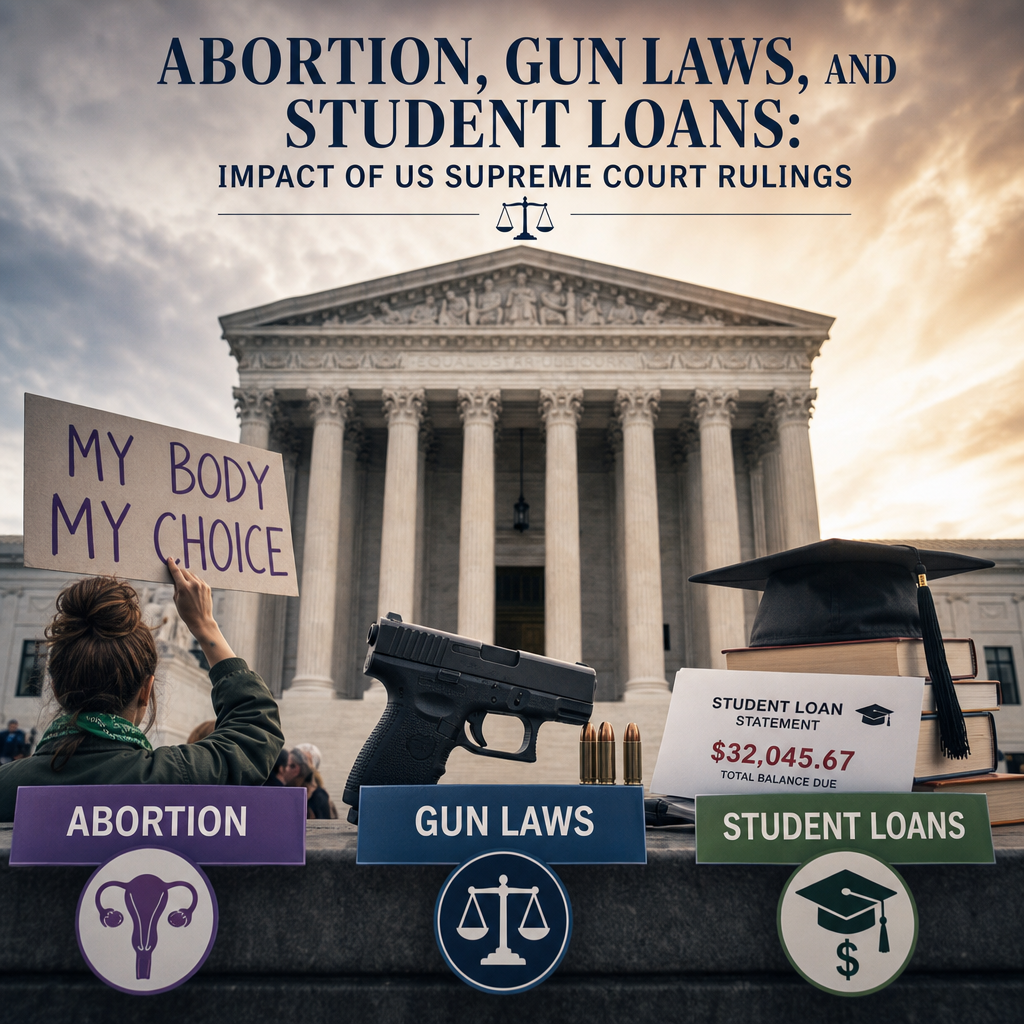 Illustration of Abortion, Gun Laws, and Student Loans: Impact of US Supreme Court Rulings