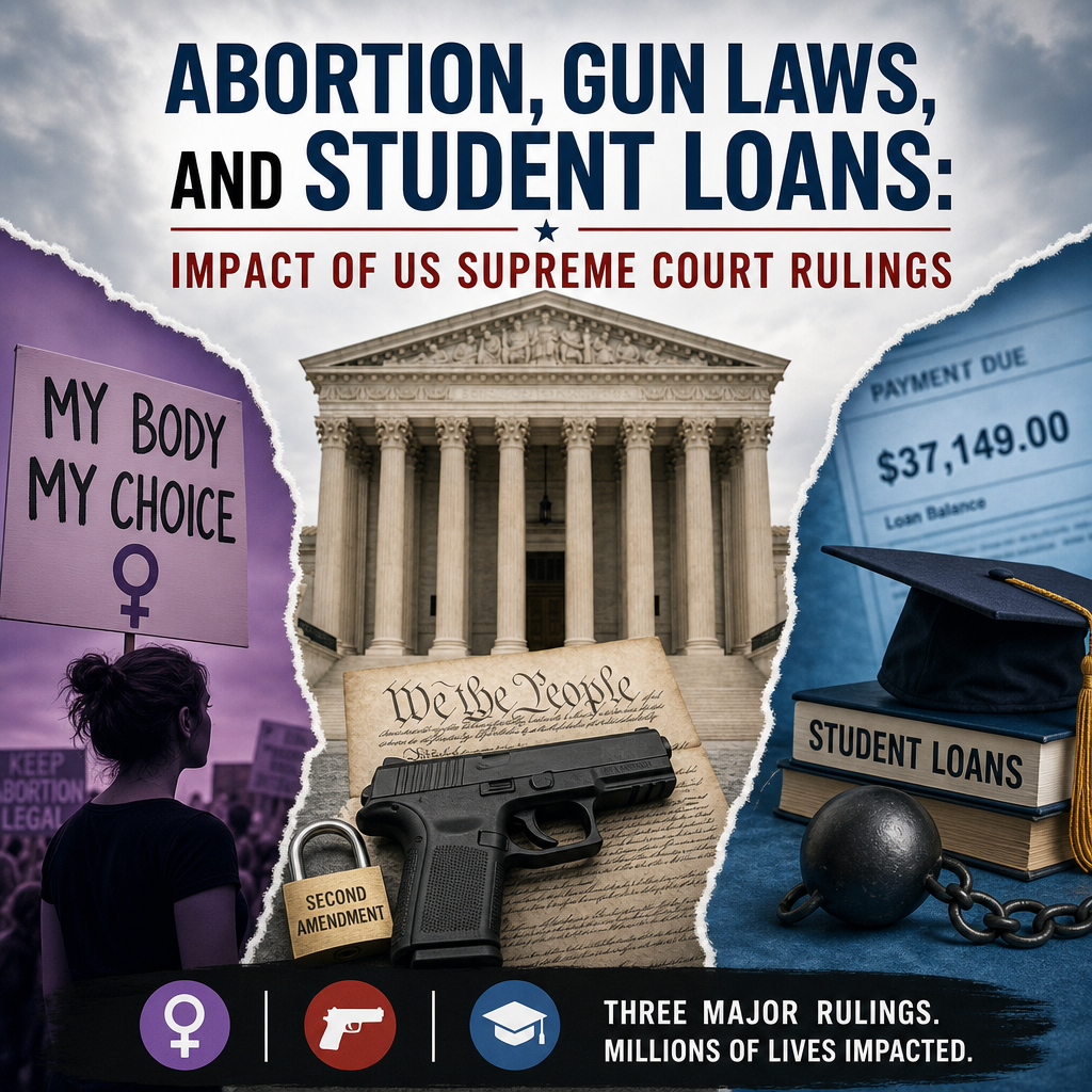 Illustration of Abortion, Gun Laws, and Student Loans: Impact of US Supreme Court Rulings