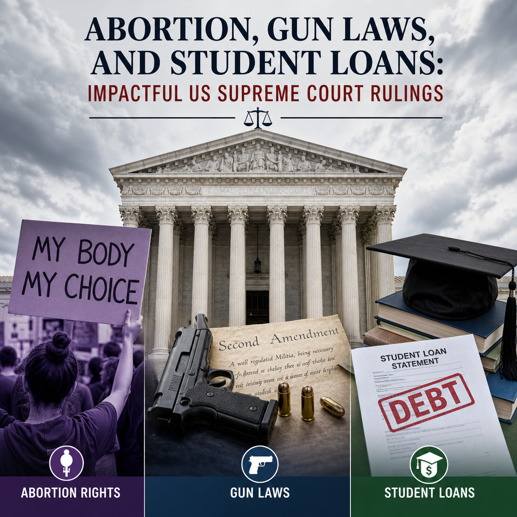 Illustration of Abortion, Gun Laws, and Student Loans: Impactful US Supreme Court Rulings