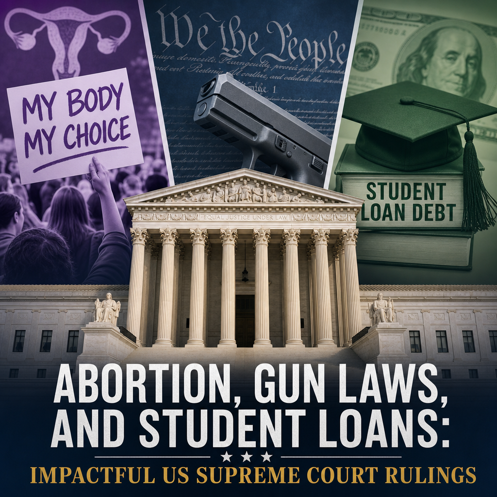 Illustration of Abortion, Gun Laws, and Student Loans: Impactful US Supreme Court Rulings