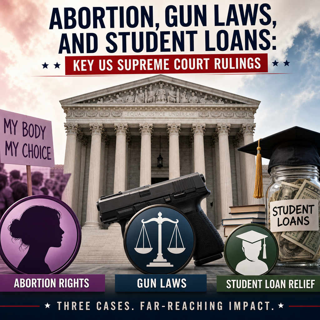 Illustration of Abortion, Gun Laws, and Student Loans: Key US Supreme Court Rulings