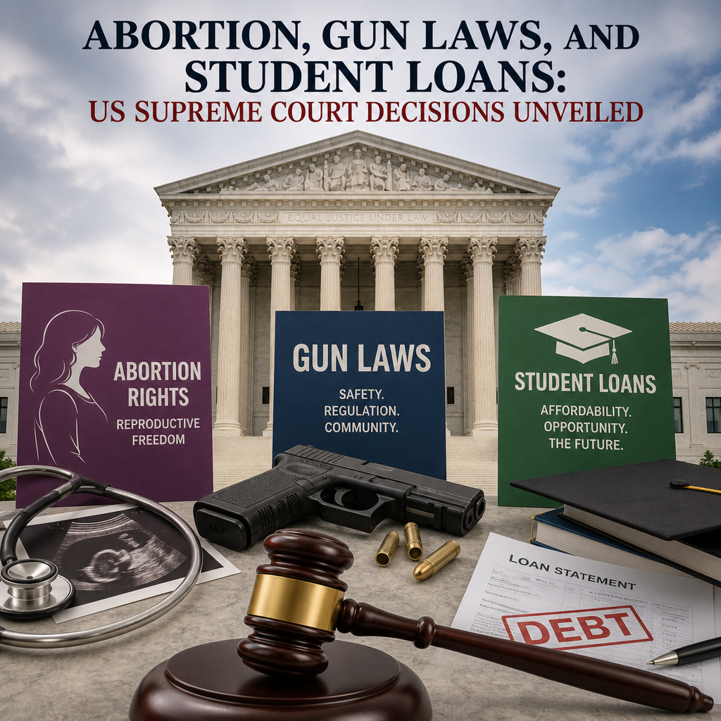 Illustration of Abortion, Gun Laws, and Student Loans: US Supreme Court Decisions Unveiled