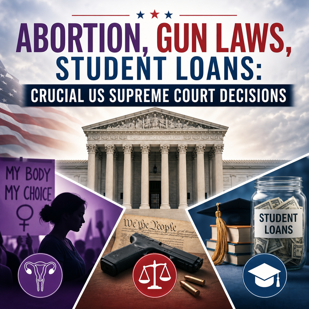 Illustration of Abortion, Gun Laws, Student Loans: Crucial US Supreme Court Decisions