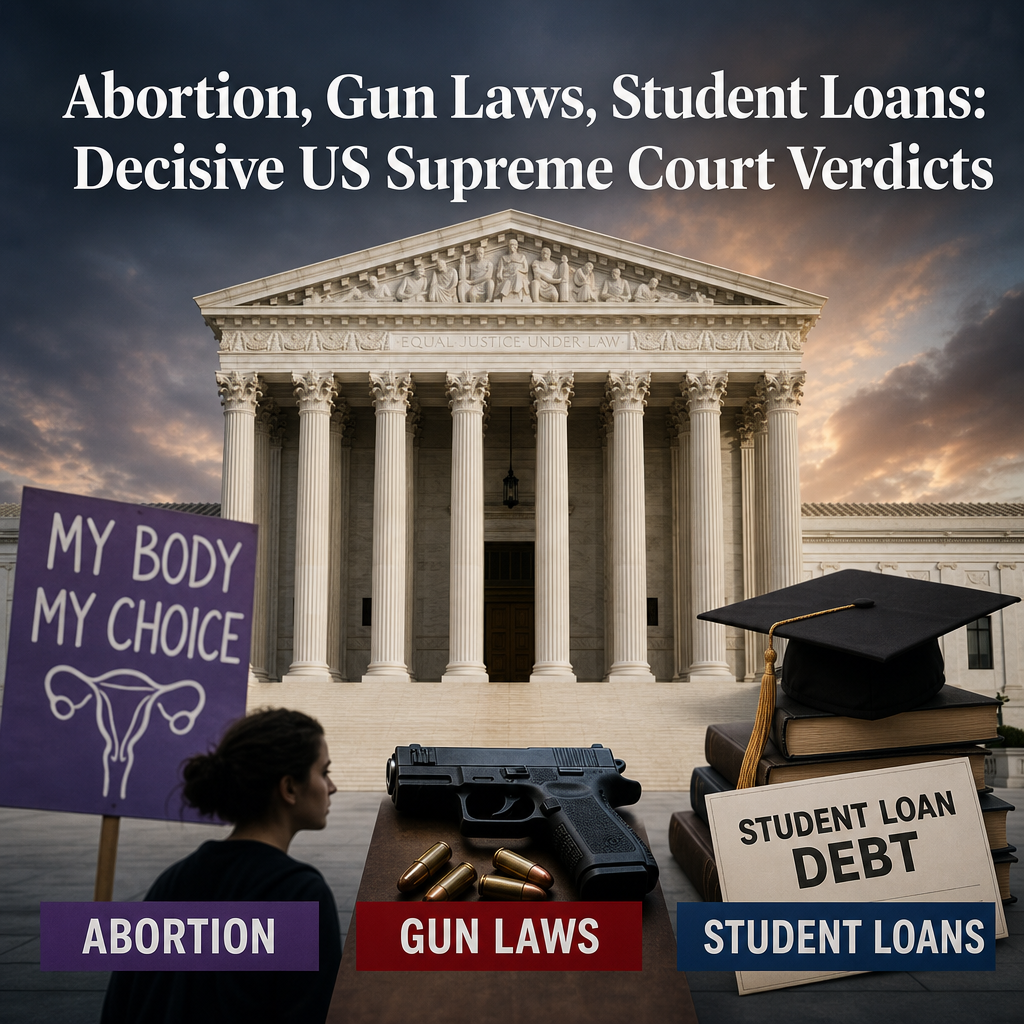 Illustration of Abortion, Gun Laws, Student Loans: Decisive US Supreme Court Verdicts